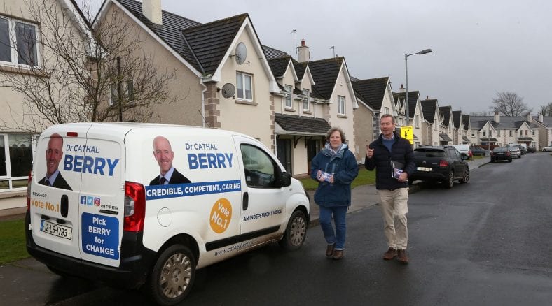 Doctor Cathal Berry, Generlal Election Candidate Kildare South supported on Canvas in Portarlington by Councillor Paul Mitchell