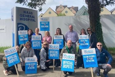 Dr Cathal Berry TD stands with Medical Scientists on strike at Naas General Hospital